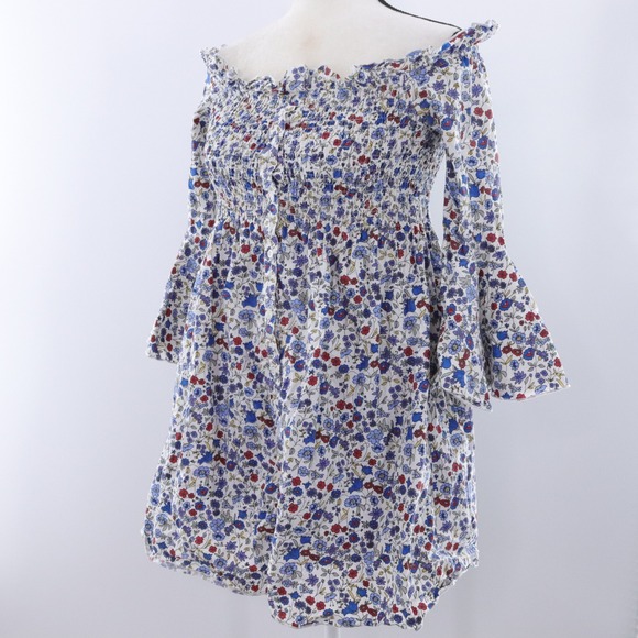 Mango Smocked Off Shoulder Floral Bell Sleeve Button Front Mini Dress XS - Picture 1 of 8